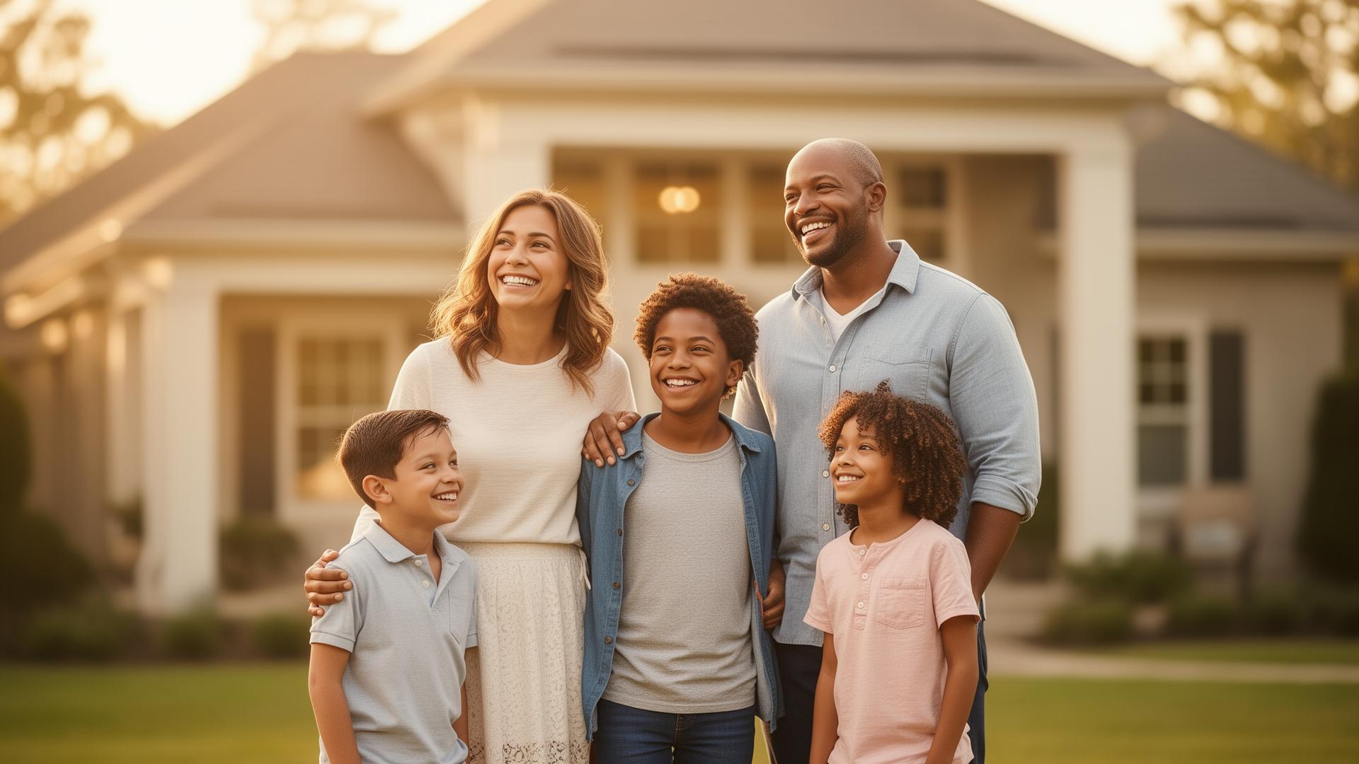Happy family in front of their home